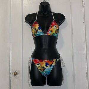 New Rainbow Cartoon Graphic Print 2 Piece String Tie Bikini Swimsuit Set, OS